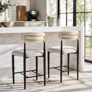 Safavieh Covelle Counter Stool Set Of 2 - Elegant Black & Gold Frame With Soft Dove Grey Linen Seat Black Gold ,Dove Grey Metal ,Fabric ,Foam Bst6402a-set2