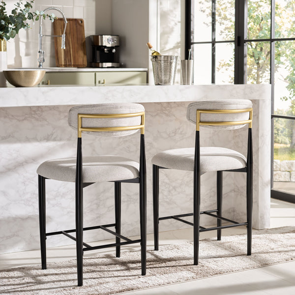 Safavieh Covelle Counter Stool Set Of 2 - Elegant Black & Gold Frame With Soft Dove Grey Linen Seat Black Gold ,Dove Grey Metal ,Fabric ,Foam Bst6402a-set2
