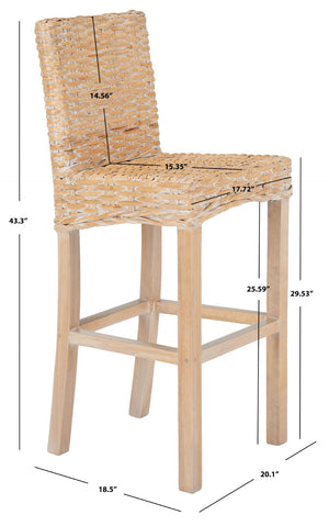 Safavieh Tobie Rattan Bar Stool - Coastal Cottage Style With Comfortable Woven Seat And Sturdy Wood Legs Natural White Wash BST6500D