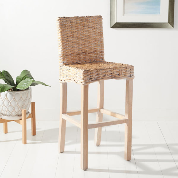 Safavieh Tobie Rattan Bar Stool - Coastal Cottage Style With Comfortable Woven Seat And Sturdy Wood Legs Natural White Wash BST6500D