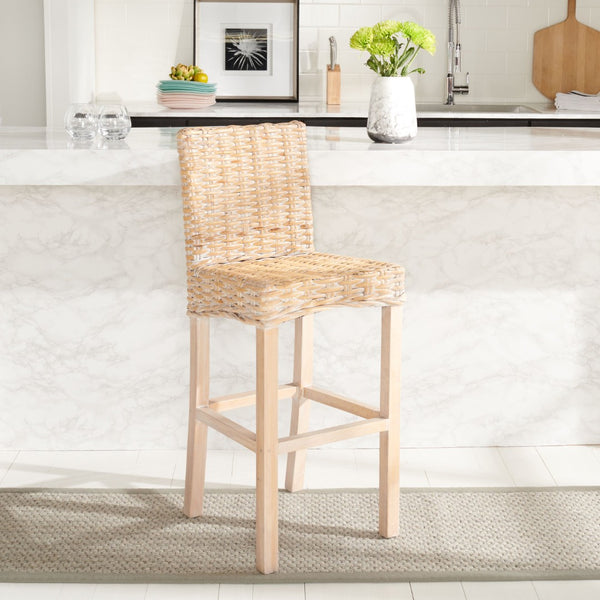 Safavieh Tobie Rattan Bar Stool - Coastal Cottage Style With Comfortable Woven Seat And Sturdy Wood Legs Natural White Wash BST6500D