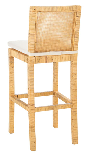 Safavieh Tojo Coastal Cane Bar Stool With Plush Cushion - Stylish Mango Wood Accent For Modern Interiors BST6503A