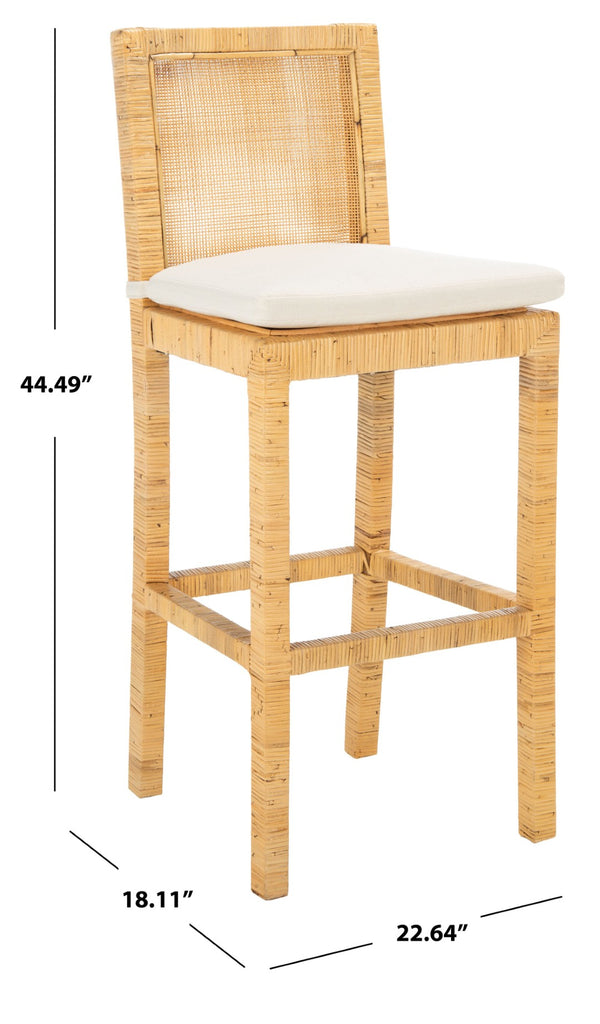 Safavieh Tojo Coastal Cane Bar Stool With Plush Cushion - Stylish Mango Wood Accent For Modern Interiors BST6503A
