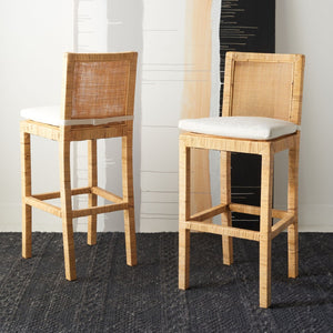 Safavieh Tojo Coastal Cane Bar Stool With Plush Cushion - Stylish Mango Wood Accent For Modern Interiors BST6503A