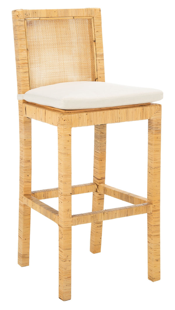 Safavieh Tojo Coastal Cane Bar Stool With Plush Cushion - Stylish Mango Wood Accent For Modern Interiors BST6503A