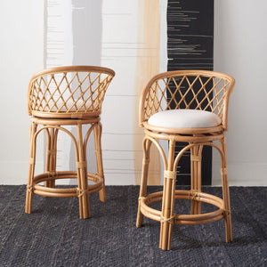 Safavieh Yuta Rattan Swivel Counter Stool - Handcrafted Mango Wood With Comfortable Cushion For Chic Dining Natural/White BST6504A