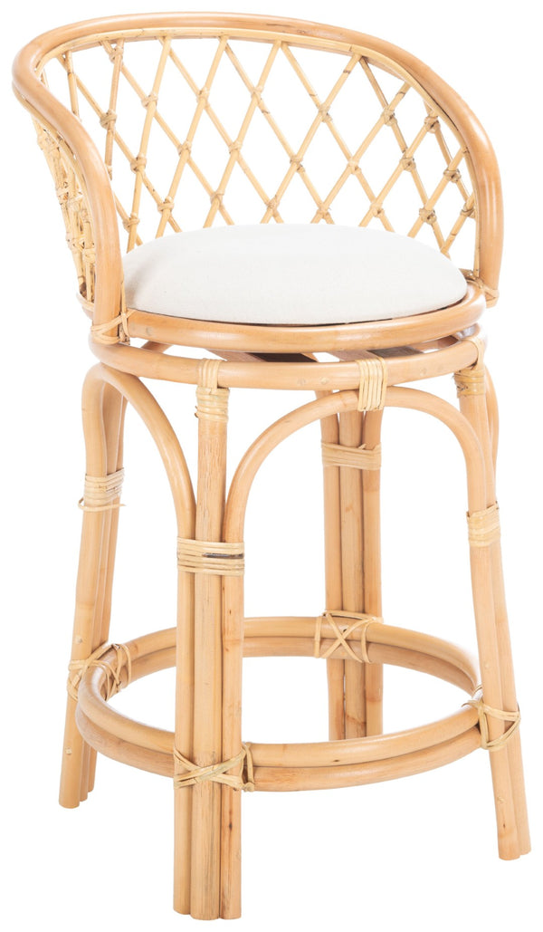Safavieh Yuta Rattan Swivel Counter Stool - Handcrafted Mango Wood With Comfortable Cushion For Chic Dining Natural/White BST6504A