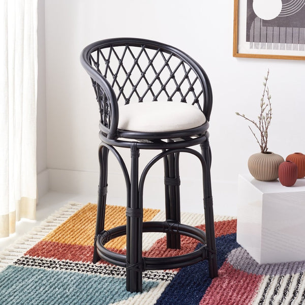 Safavieh Yuta Rattan Swivel Counter Stool - Handcrafted Mango Wood With Comfortable Cushion For Chic Dining Black / White BST6504B