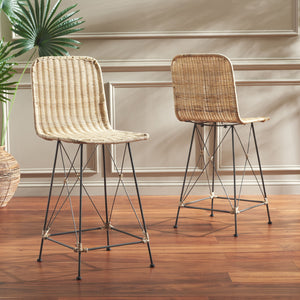 Safavieh Minerva Weaved Counter Stool - Chic Light Natural Rattan With Sleek Metal Legs For Modern Elegance Light Natural ,Black Metal & Rattan Bst6505a-set2