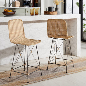 Safavieh Minerva Weaved Counter Stool - Chic Light Natural Rattan With Sleek Metal Legs For Modern Elegance Light Natural ,Black Metal & Rattan Bst6505a-set2