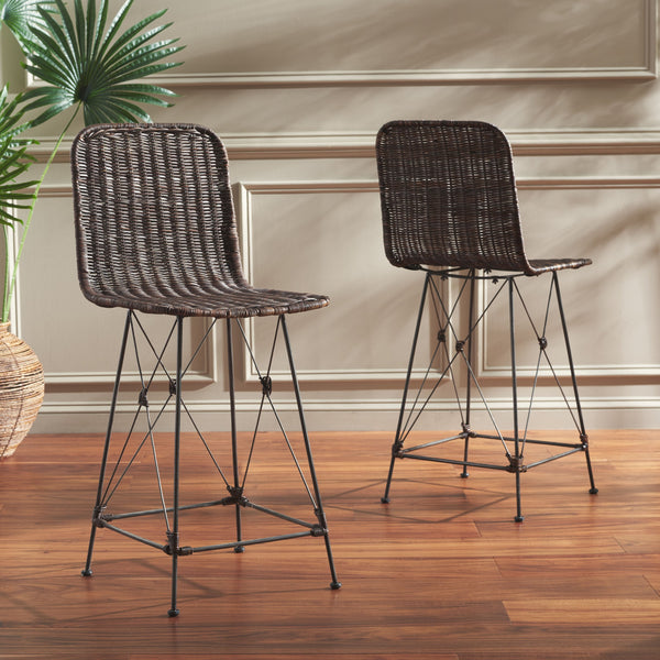 Safavieh Minerva Weaved Counter Stool - Chic Light Natural Rattan With Sleek Metal Legs For Modern Elegance Dark Brown ,Black Metal & Rattan Bst6505b-set2