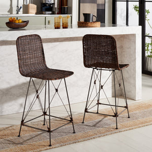 Safavieh Minerva Weaved Counter Stool - Chic Light Natural Rattan With Sleek Metal Legs For Modern Elegance Dark Brown ,Black Metal & Rattan Bst6505b-set2