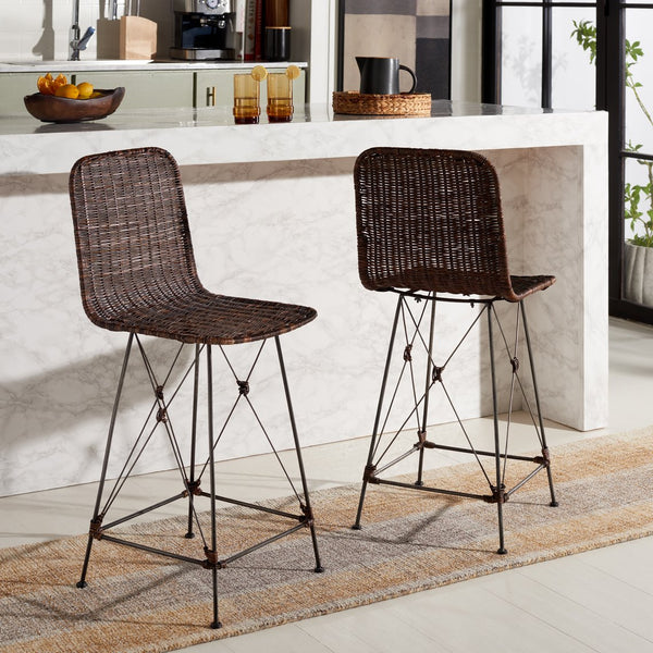 Safavieh Minerva Weaved Counter Stool - Chic Light Natural Rattan With Sleek Metal Legs For Modern Elegance Dark Brown ,Black Metal & Rattan Bst6505b-set2