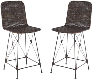 Safavieh Minerva Weaved Counter Stool - Chic Light Natural Rattan With Sleek Metal Legs For Modern Elegance Dark Brown ,Black Metal & Rattan Bst6505b-set2