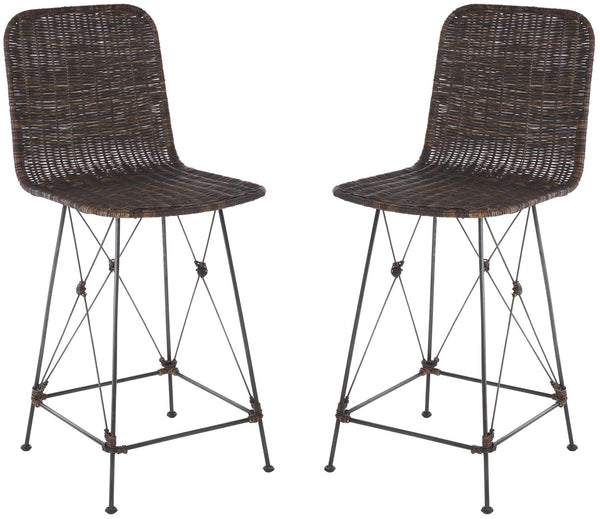 Safavieh Minerva Weaved Counter Stool - Chic Light Natural Rattan With Sleek Metal Legs For Modern Elegance Dark Brown ,Black Metal & Rattan Bst6505b-set2