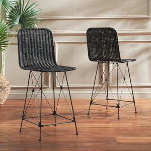 Safavieh Minerva Weaved Counter Stool - Chic Light Natural Rattan With Sleek Metal Legs For Modern Elegance Black ,Black Metal & Rattan Bst6505c-set2