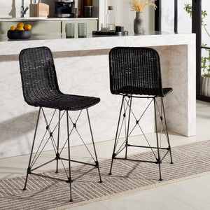 Safavieh Minerva Weaved Counter Stool - Chic Light Natural Rattan With Sleek Metal Legs For Modern Elegance Black ,Black Metal & Rattan Bst6505c-set2