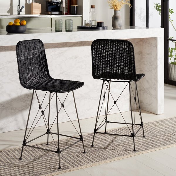 Safavieh Minerva Weaved Counter Stool - Chic Light Natural Rattan With Sleek Metal Legs For Modern Elegance Black ,Black Metal & Rattan Bst6505c-set2
