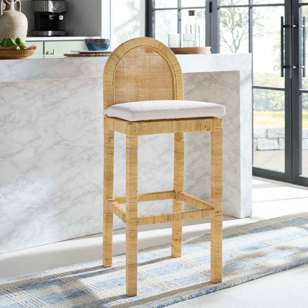 Safavieh Tojo Cane Rounded Back Bar Stool - Stylish Natural & White Design For Elegant Home Decor & Comfort Natural ,White Lesio,Mango Wood Bst6506a