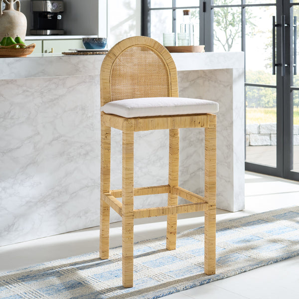 Safavieh Tojo Cane Rounded Back Bar Stool - Stylish Natural & White Design For Elegant Home Decor & Comfort Natural ,White Lesio,Mango Wood Bst6506a