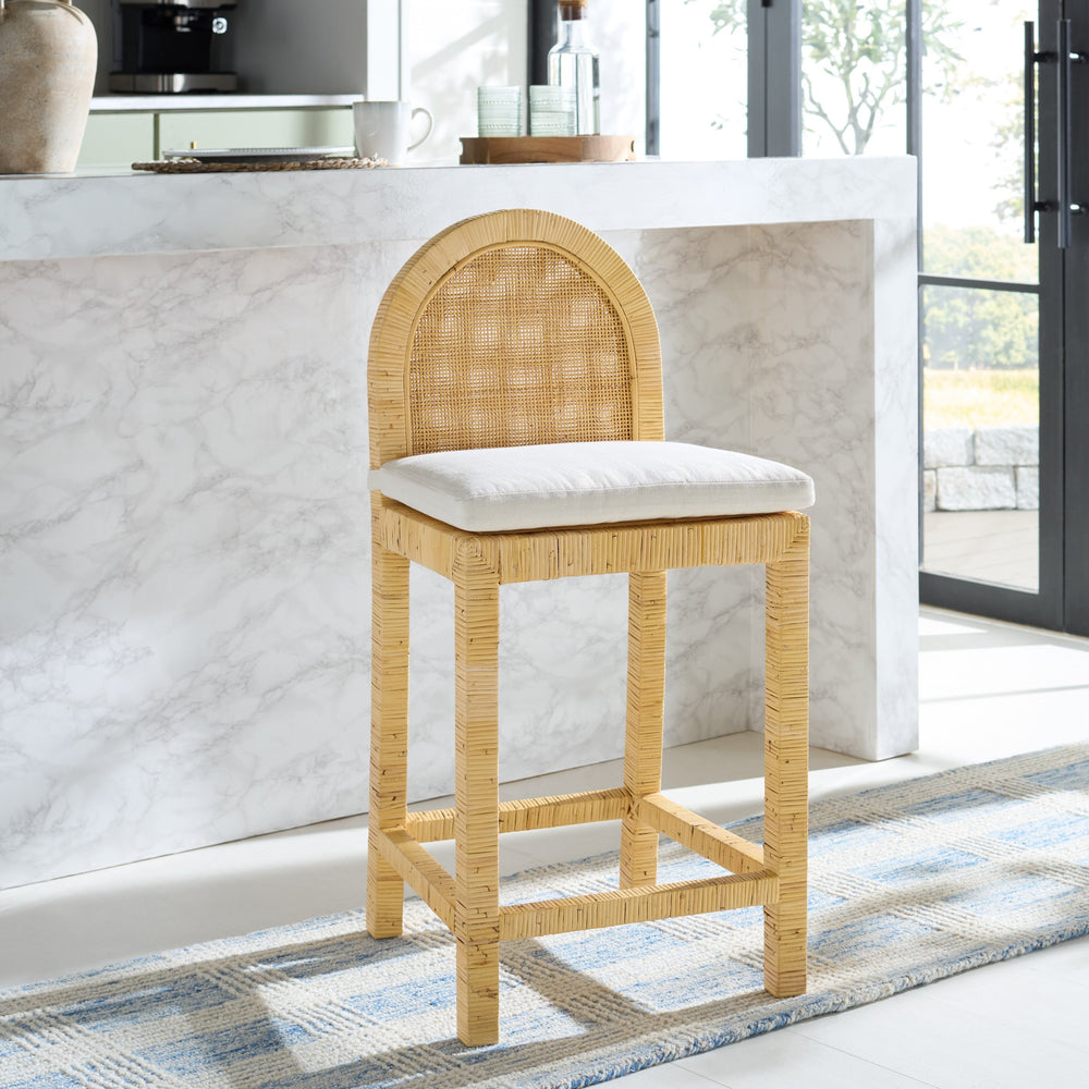 Safavieh Tojo Cane Rounded Back Counter Stool - Natural & White Finish For Stylish, Comfortable Seating Natural ,White Lesio,Mango Wood Bst6507a