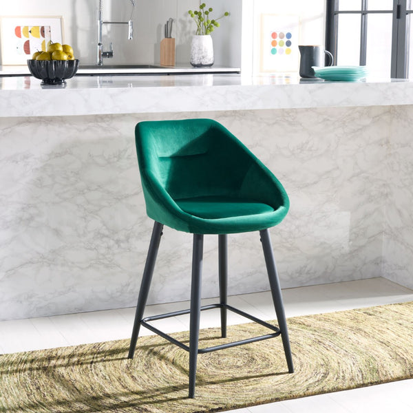 Safavieh Zorica Counter Stool - Plush Emerald Velvet With Stiletto Black Legs For Retro Glamour & Comfort BST7502C