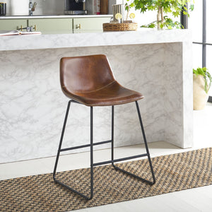 Safavieh Acela Counter Stool - Modern Sculpted Leather Seating With Minimalist Metal Legs For Stylish Comfort Brown / Black BST7509A