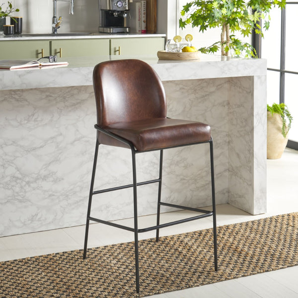Safavieh Ivey Bar Stool - Modern Comfort With Sculpted Backrest, Plush Padding, And Sleek Metal Base Design Dark Brown / Black BST7512B