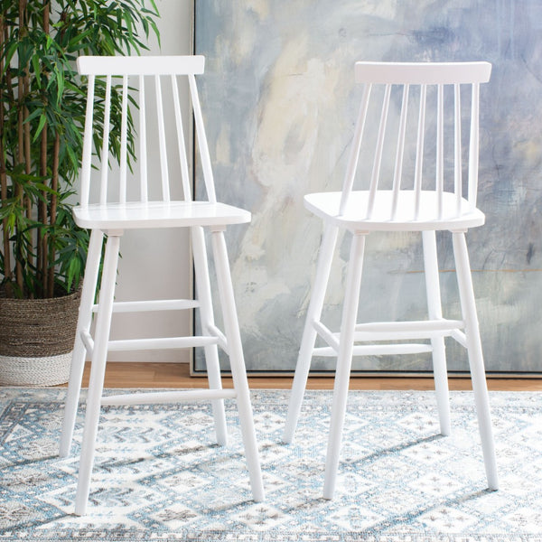 Safavieh BEAUFORT Bar Stool Set of Two - Elegant Solid Rubberwood with Open Spindle Back for Modern Comfort White BST8500A-SET2