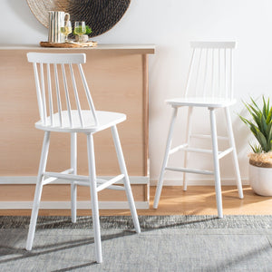 Safavieh BEAUFORT Bar Stool Set of Two - Elegant Solid Rubberwood with Open Spindle Back for Modern Comfort White BST8500A-SET2