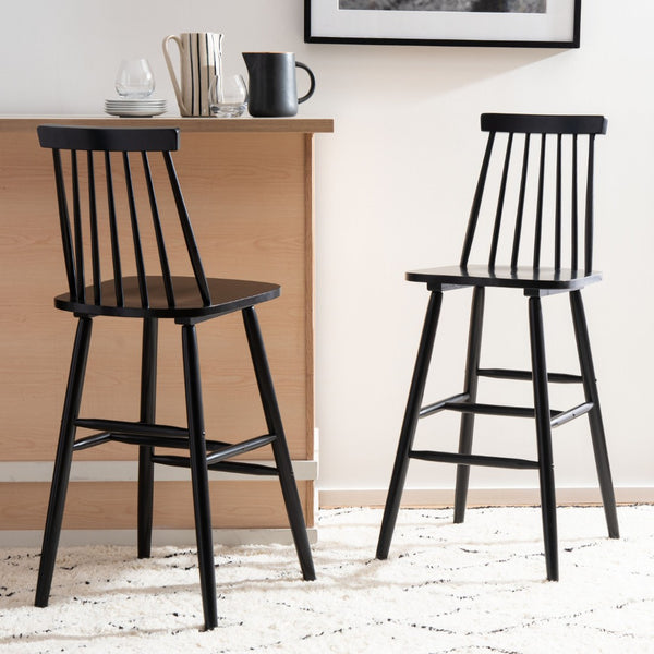 Safavieh BEAUFORT Bar Stool Set of Two - Elegant Solid Rubberwood with Open Spindle Back for Modern Comfort Black BST8500B-SET2