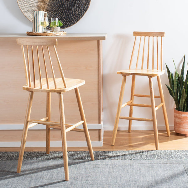 Safavieh BEAUFORT Bar Stool Set of Two - Elegant Solid Rubberwood with Open Spindle Back for Modern Comfort Natural BST8500C-SET2