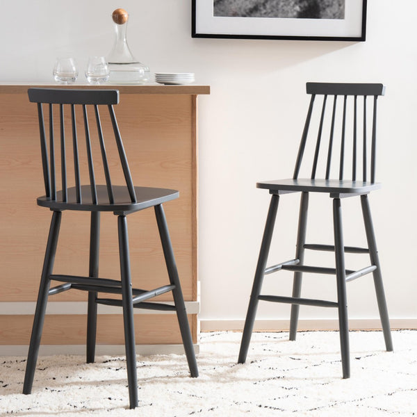 Safavieh BEAUFORT Bar Stool Set of Two - Elegant Solid Rubberwood with Open Spindle Back for Modern Comfort Grey BST8500D-SET2