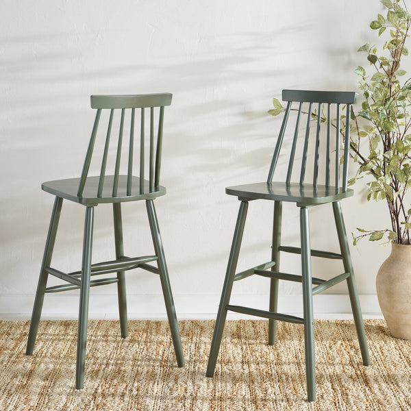 Safavieh Beaufort Bar Stool Set Of 2 - Stylish Rubberwood Design With Open Air Spindle Back For Any Decor Dusty Green Wood Bst8500f-set2