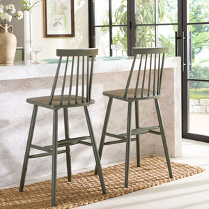 Safavieh Beaufort Bar Stool Set Of 2 - Stylish Rubberwood Design With Open Air Spindle Back For Any Decor Dusty Green Wood Bst8500f-set2