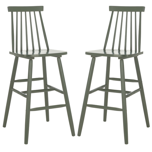 Safavieh Beaufort Bar Stool Set Of 2 - Stylish Rubberwood Design With Open Air Spindle Back For Any Decor Dusty Green Wood Bst8500f-set2