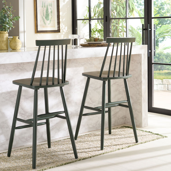 Safavieh Beaufort Bar Stool Set Of 2 - Stylish Rubberwood Design With Open Air Spindle Back For Any Decor Garden Green Wood Bst8500g-set2