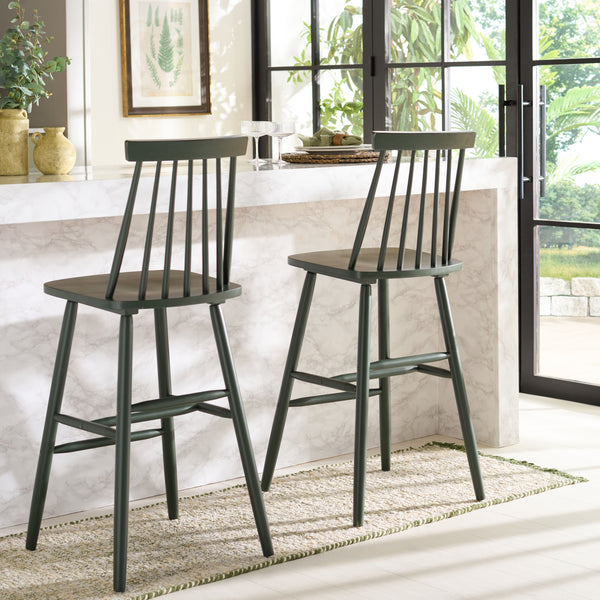 Safavieh Beaufort Bar Stool Set Of 2 - Stylish Rubberwood Design With Open Air Spindle Back For Any Decor Garden Green Wood Bst8500g-set2
