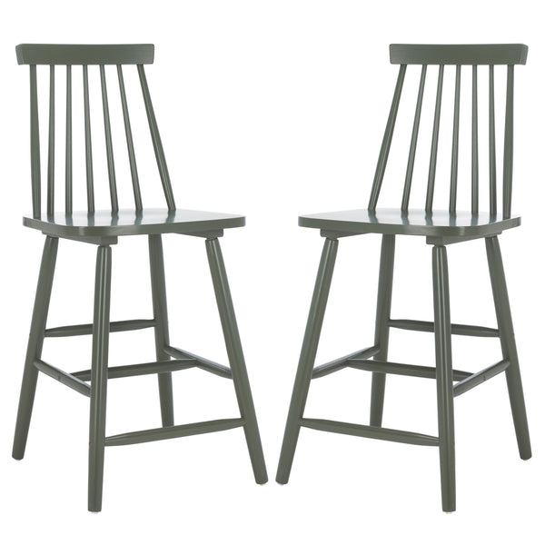 Safavieh Beaufort Counter Stool Set Of 2 - Modern Farmhouse Charm With Iconic Spindle Back And Rubberwood Frame Dusty Green Wood Bst8501f-set2