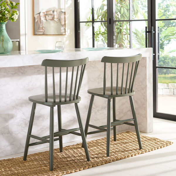 Safavieh Galena Counter Stool Set Of 2 - Chic Spindle Back Design In Classic White For Rustic Kitchen Style Dusty Green Wood Bst8503f-set2