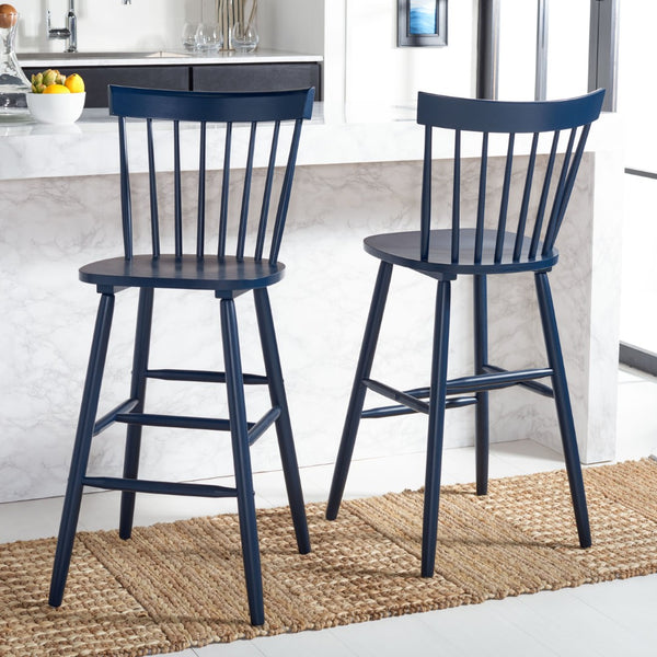 Safavieh PROVIDENCE Bar Stool Set – Timeless Spindle Back Design for Elegant Home Bars & Kitchen Spaces Navy BST8504E-SET2
