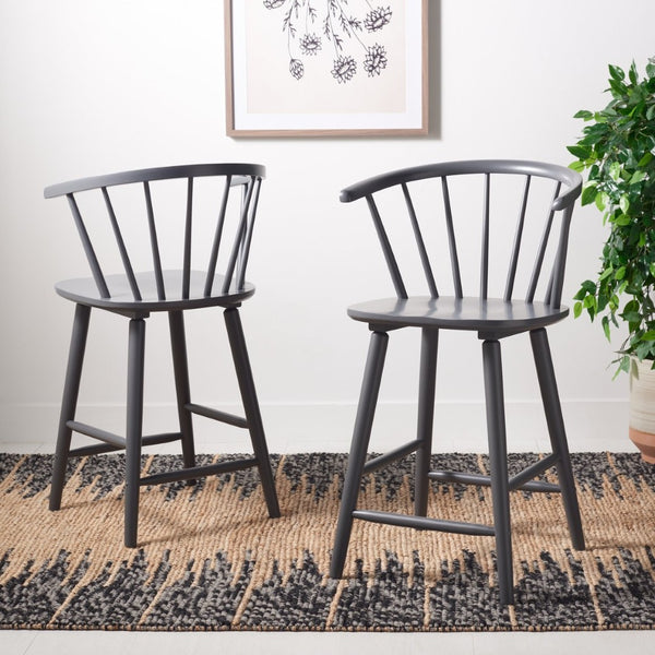 Safavieh BLANCHARD Counter Stool Set of Two - Elegant Rubberwood Design with Antique-Inspired Curves and Comfort Grey BST8506C-SET2
