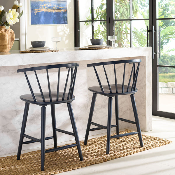 Safavieh Blanchard Counter Stool Set Of 2 - Elegant Rubberwood Design With Antique-inspired Curves And Style Navy Wood Bst8506g-set2