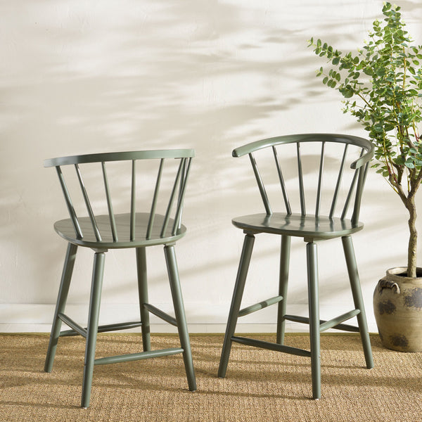 Safavieh Blanchard Counter Stool Set Of 2 - Elegant Rubberwood Design With Antique-inspired Curves And Style Dusty Green Wood Bst8506h-set2