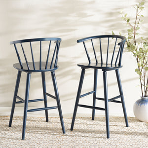 Safavieh Blanchard Bar Stool Set Of 2 - Elegant Antique-inspired Design In Sustainable Rubber Wood Finish Navy Wood Bst8507g-set2