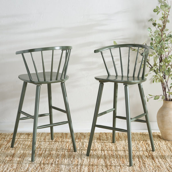 Safavieh Blanchard Bar Stool Set Of 2 - Elegant Antique-inspired Design In Sustainable Rubber Wood Finish Dusty Green Wood Bst8507h-set2