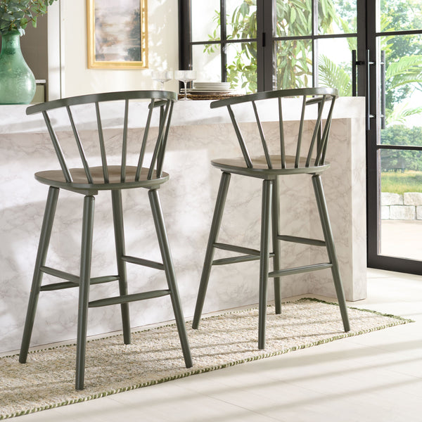 Safavieh Blanchard Bar Stool Set Of 2 - Elegant Antique-inspired Design In Sustainable Rubber Wood Finish Dusty Green Wood Bst8507h-set2