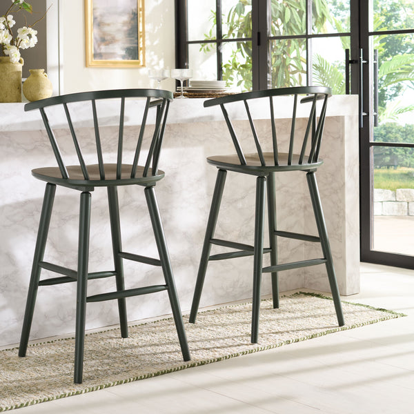 Safavieh Blanchard Bar Stool Set Of 2 - Elegant Antique-inspired Design In Sustainable Rubber Wood Finish Garden Green Wood Bst8507j-set2