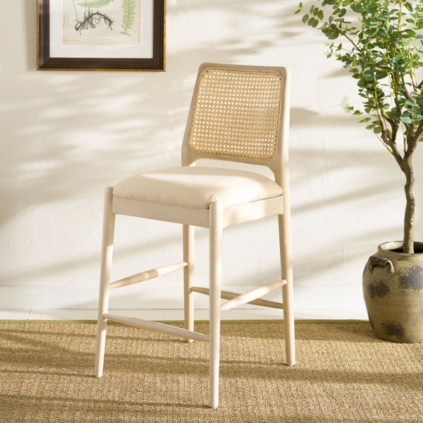Safavieh Reinhardt Rattan Counter Stool - Handcrafted Comfort With Boucle Upholstery For Modern Spaces White / Ivory BST8800B