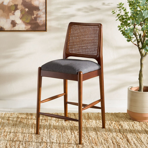 Safavieh Reinhardt Rattan Counter Stool - Handcrafted Comfort With Boucle Upholstery For Modern Spaces Grey / Walnut BST8800D